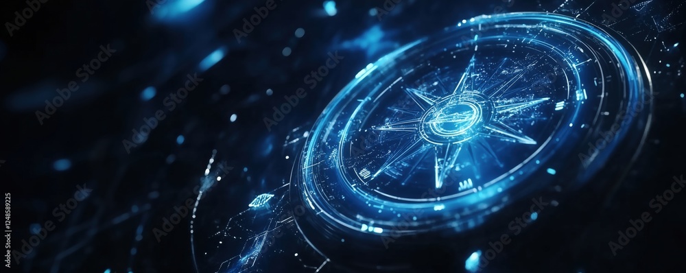 Poster futuristic glowing compass design with intricate digital patterns and blue tones, copy space for tex