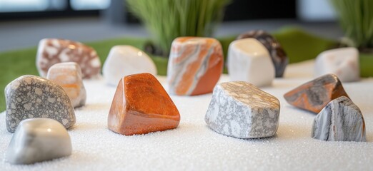 Colorful decorative stones arranged on white sand with green grass accents, copy space for text