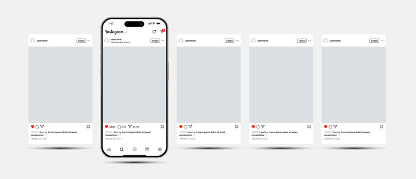 Instagram carousel post template on smartphone mockup. Mobile app interface with blank pictures, editable posts. Scroll frame pages, social media photography. Isolated UI vector design.
