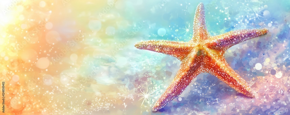 Poster colorful starfish on vibrant abstract background with soft bokeh effects, copy space for text