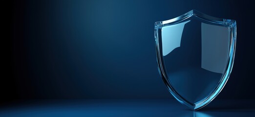 Transparent glass shield on blue background representing protection and security, copy space for text