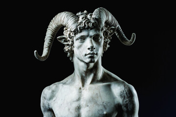 Silhouette of the god of forests and all nature Pan (Faun). Half-man-half-goat. Ancient Greek and Roman mythology. Fragment of a marble statue. Horizontal image.