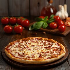 Delicious freshly baked pizza topped with cheese and ham on wooden table, copy space for text