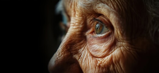 Close-up of elderly woman's eye showcasing intricate details and emotional depth, copy space for text