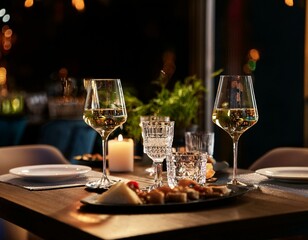 Obraz premium Generated image legant and select restaurant table Wine Glass and appetizers, on the bar table