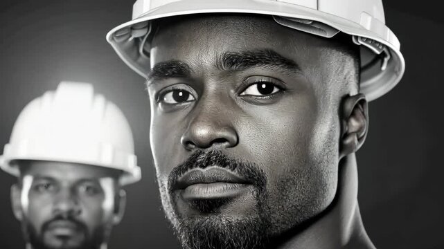 Man wearing a hard hat is looking at the camera. The image has a serious and focused mood