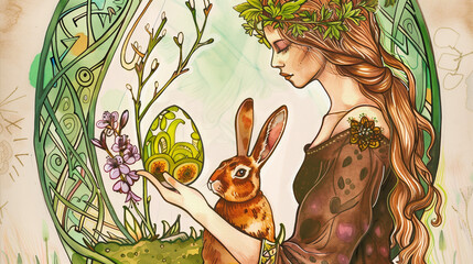 Eostre goddess of Spring and Dawn holding flowers with a rabbit in a colorful illustration