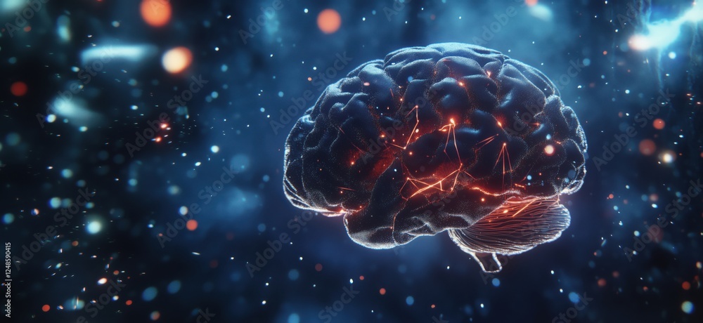 Poster 3d rendering of a glowing human brain with neural connections in a cosmic background, copy space for