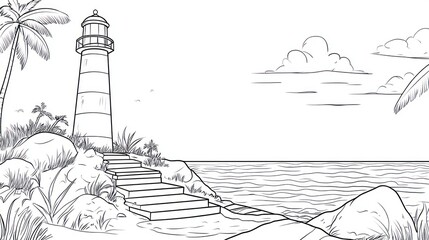 Tropical lighthouse, steps to ocean, palm trees, sunny sky, travel illustration