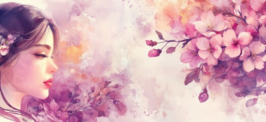 Fototapeta premium Beautiful woman profile surrounded by blooming cherry blossoms in soft pastel colors, copy space for text
