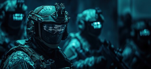 Special forces soldiers in tactical gear with advanced technology and night vision equipment, copy space for text