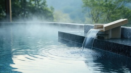 A serene real-picture-style hot spring surrounded by misty mountains, with steam rising from the warm water.