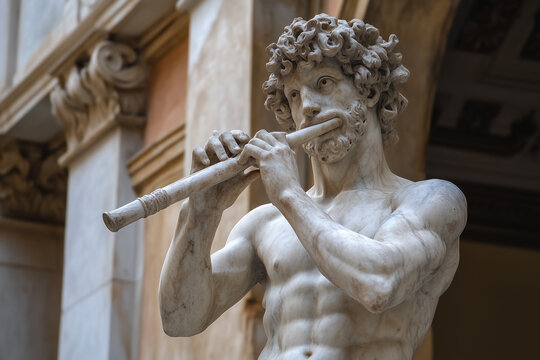 Satyr Marsyas plays the aulos (flute). Ancient Greek and Roman mythology. Marble statue.