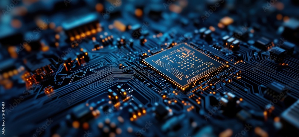 Poster close-up view of a modern microchip on a circuit board with glowing connections, copy space for text