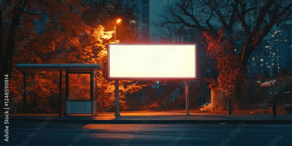 Poster empty white billboard at night next to bus stop surrounded by trees in urban setting with warm stree