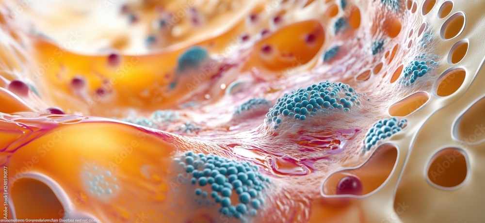 Poster microscopic view of cellular structures with vibrant colors and textures, copy space for text