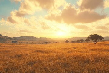 Fototapeta premium african savanna landscape at golden hour, endless horizon of sun-kissed grass, scattered acacia trees, dramatic sky
