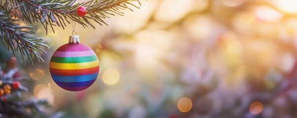 Colorful rainbow ornament hanging on Christmas tree branch with festive bokeh background, copy space for text