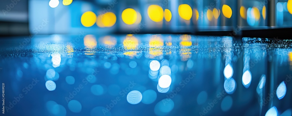 Poster reflections on water surface with bokeh lights in background, copy space for text