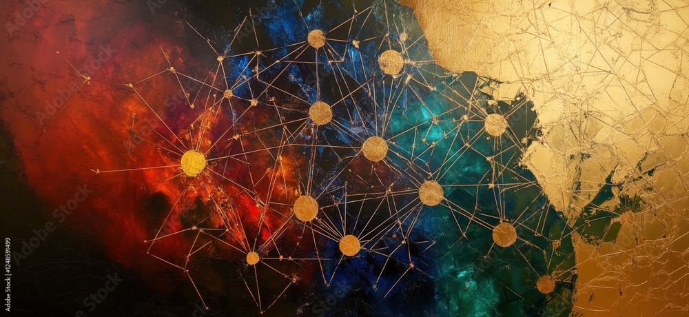 Poster abstract network visualization with golden nodes and colorful background, copy space for text