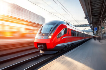 Naklejka premium High-Speed Red Train in Motion on Airport Station Platform with Blurred Background and Dynamic Sunlight Lighting Effects Showcasing Modern Design. Generative Ai