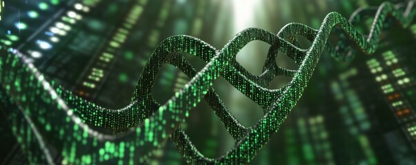3D representation of DNA helix with digital binary code background, copy space for text
