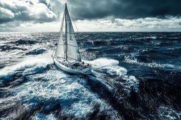Sailboat battling rough seas under dramatic stormy sky, extreme sailing adventure with turquoise ocean waves