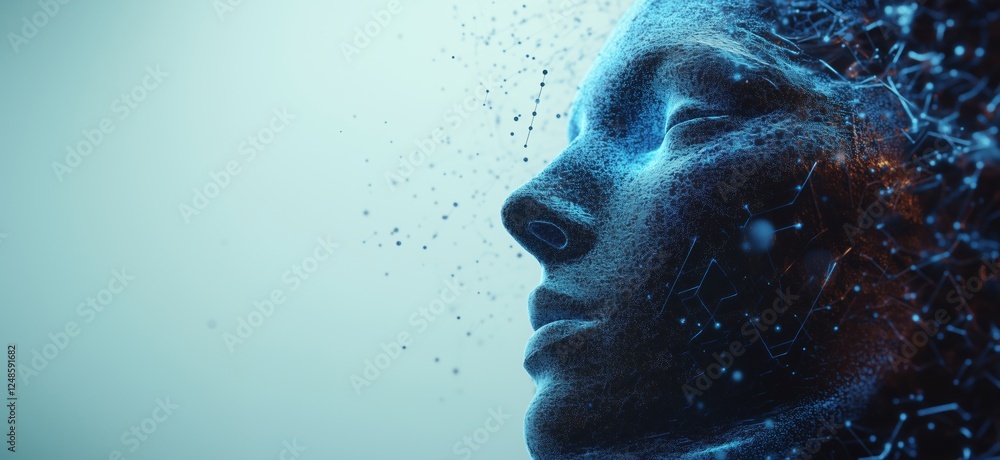 Poster digital representation of a human face with abstract data visualization elements, copy space for tex