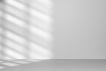 Abstract white studio background for product presentation. Empty room with shadows of window and blind. 3d room with copy space. Summer and spring concept. Blurred backdrop.