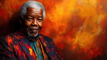 Portrait of an elderly man wearing a colorful jacket against a vibrant abstract background