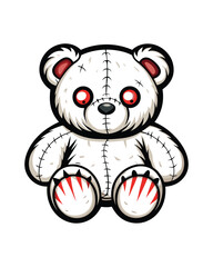 A vintage teddy bear, its fur tattered and stitched, possesses glowing red eyes, radiating a sinister, unsettling charm.