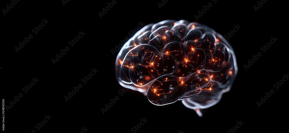 Poster 3d rendering of a glowing brain with neural connections and dark background, copy space for text