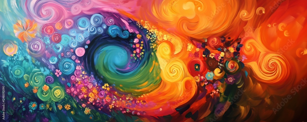 Poster colorful abstract swirl painting with vibrant flowers and dynamic patterns, copy space for text
