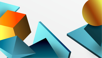 Abstract design showcasing isometric cubes, pyramids, squares, and spheres in a vibrant 3D layout. Modern and dynamic, perfect for tech, design, or futuristic themes
