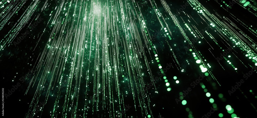 Poster green digital rain with glowing particles creating a futuristic atmosphere, copy space for text