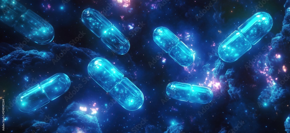 Poster glowing capsules floating in cosmic space with vibrant colors and starry background, copy space for 