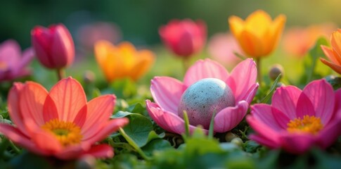 Fototapeta premium Eggs hidden among the petals of vibrant flowers in a lush garden, garden, blossoms, eggs