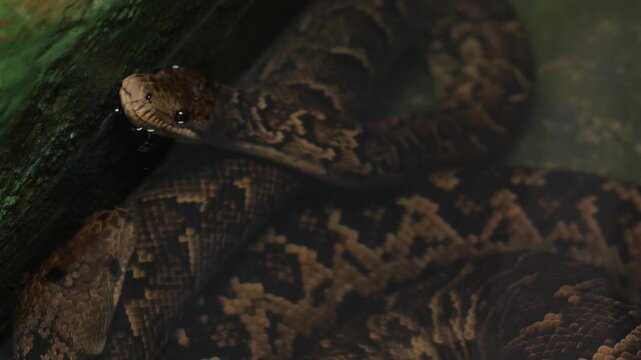 close up reticulated python, large boa constrictor in terrarium behind glass
