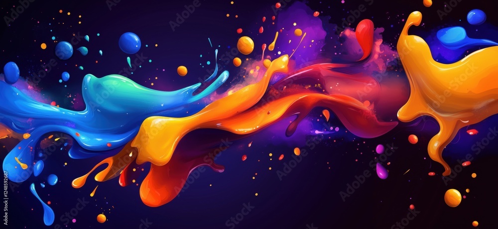 Poster vibrant abstract paint splash design with colorful fluid shapes and dynamic movement, copy space for