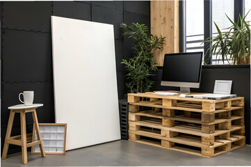 A modern workspace featuring a pallet desk, computer, blank canvas, and a plant, creating a stylish and minimalist atmosphere.