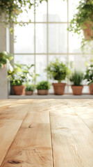 Fototapeta premium Wooden table for product display or advertising with a background of leaves, trees and natural plants. product display and background advertising