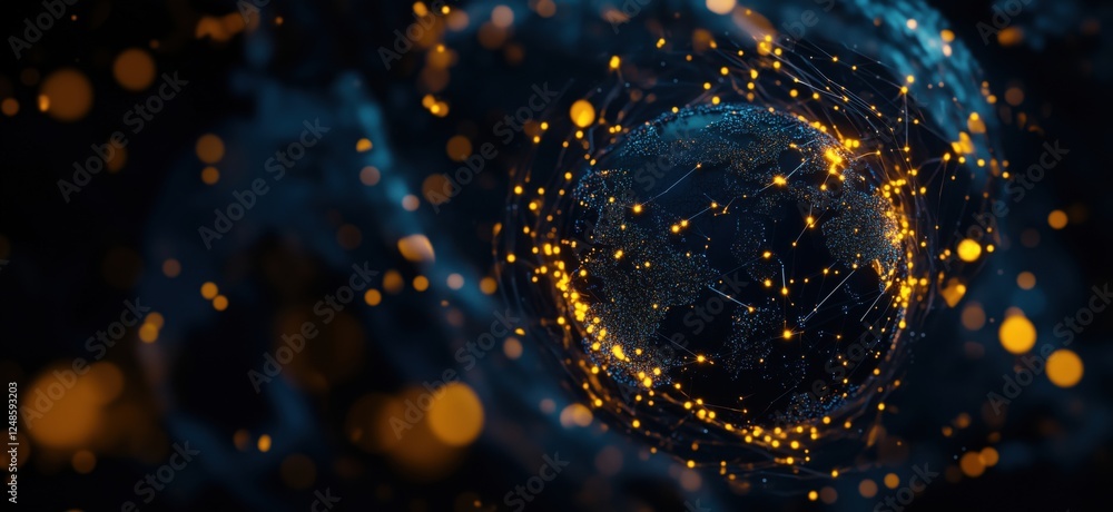 Poster global network connections illuminated by glowing nodes and lines in dark space, copy space for text
