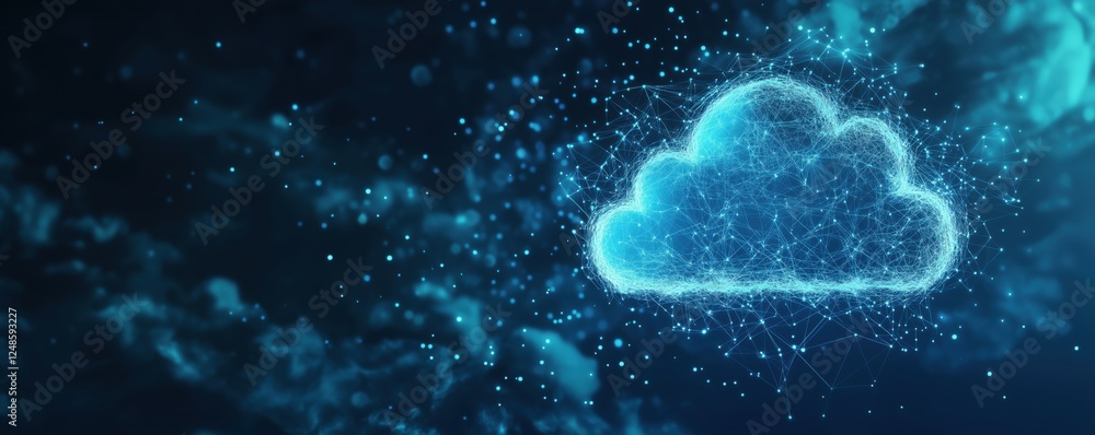 Poster digital cloud technology concept with glowing network connections and data visualization, copy space