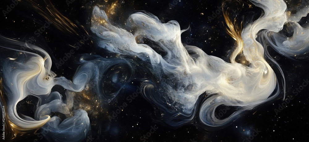 Poster cosmic abstract art featuring swirling clouds of gas and stars in deep space, copy space for text