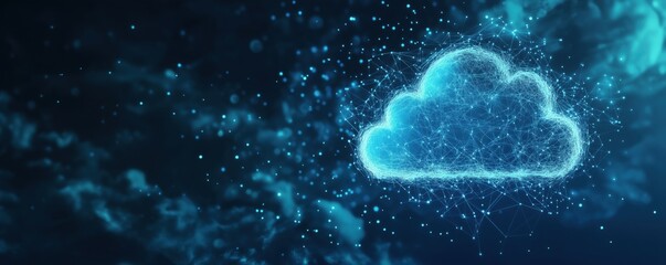 Digital cloud technology concept with glowing network connections and data visualization, copy space for text