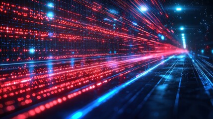 Abstract digital landscape with vibrant red and blue light streaks creating a sense of speed and motion in a futuristic setting