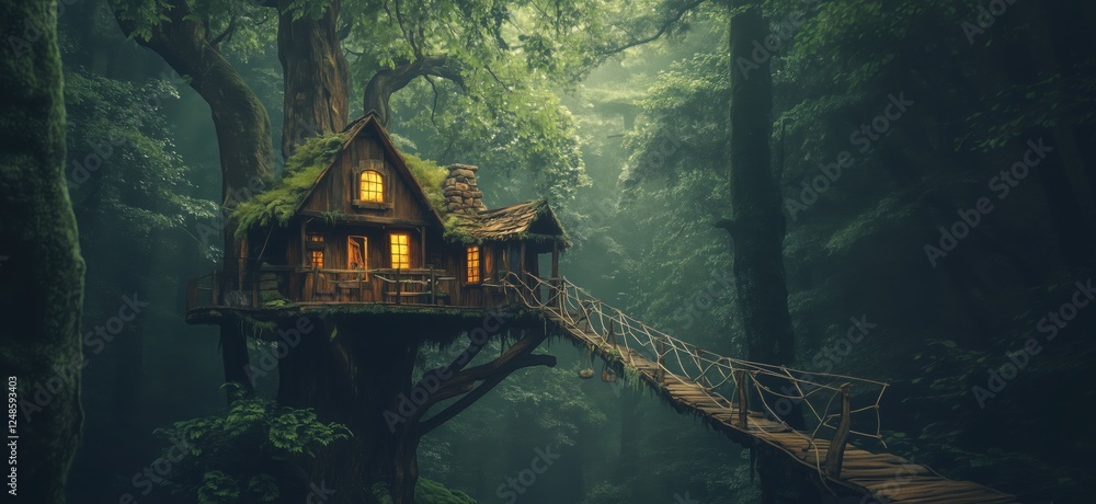 Poster enchanting treehouse nestled in lush forest with glowing windows and rope bridge, copy space for tex