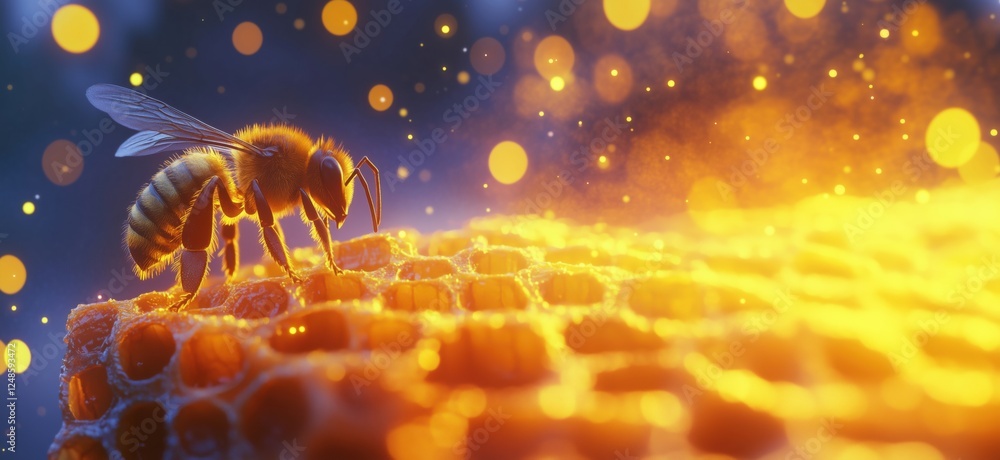 Poster close-up of a bee on honeycomb with golden bokeh background and sparkling honey, copy space for text
