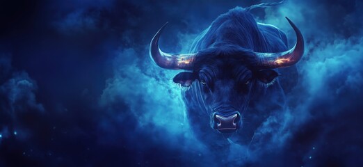 Majestic black bull emerging from blue mist with dramatic lighting effects, copy space for text