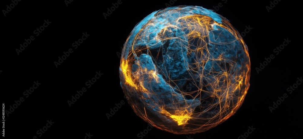Poster abstract representation of a glowing planet with intricate network patterns and textures, copy space